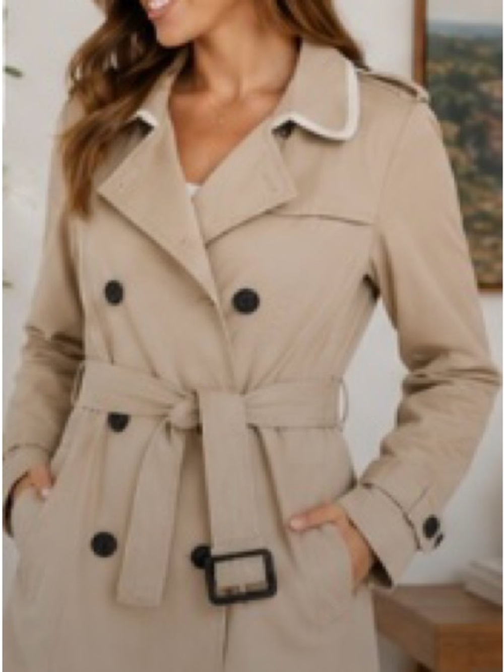 GAP Double Breasted Trench Coat Beige Khaki Belted Minimalist Jacket Small - Picture 5 of 6